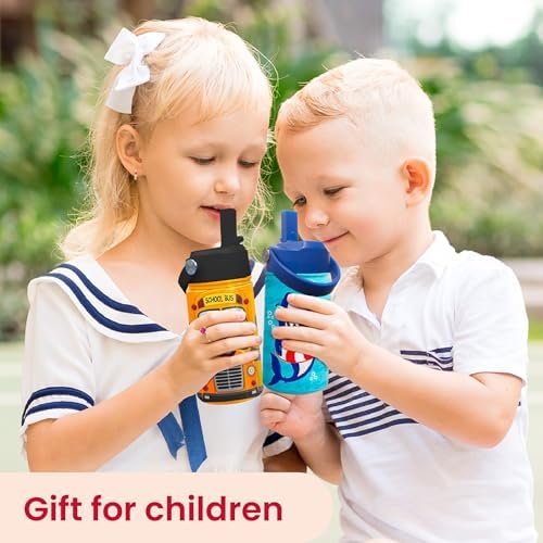 School Bus Water Bottle - Kids Water Bottle with Straw Lid - 12 Oz