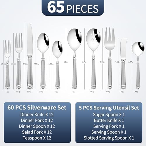 65 PCS 18/10 Flatware Set for 12, Heavy Silverware Set & Serving