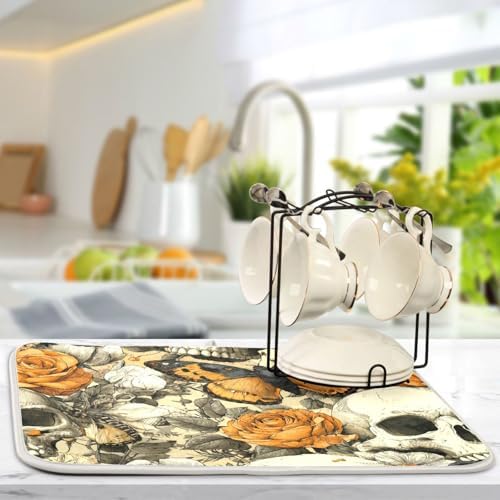 OTVEE Crows and Skull Art Dish Drying Mat for Kitchen Counter