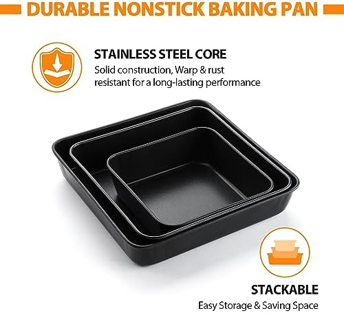 E-far 6/8/9-Inch Square Cake Pan with lid Set, Non-stick Square Baking