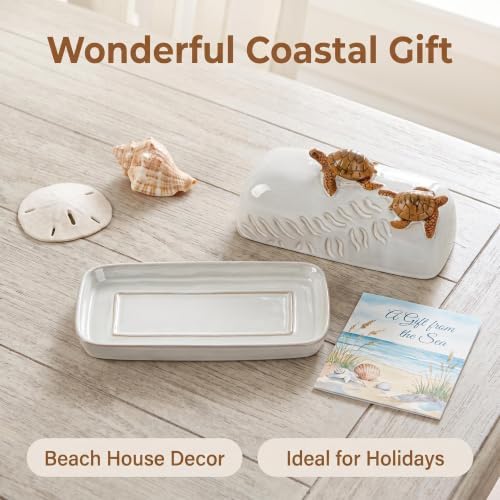 Ceramic Sea Turtle Covered Butter Dish White Coastal Butter Keeper
