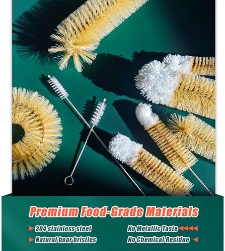 9-Pack Thin Long Handle Bottle Brushes with Boar Bristle & Wool Tip