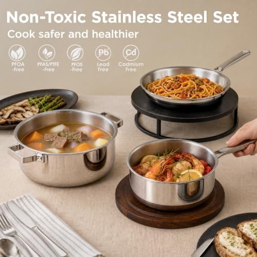 Tri-Ply Stainless Steel Cookware Set, 10pcs Pots and Pans Set Non Toxic