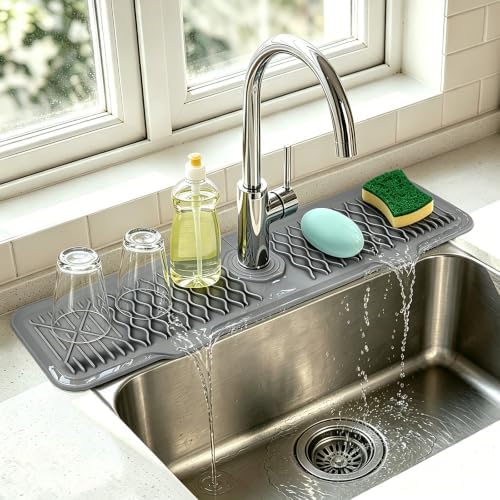 comfoyar Gray Silicone Kitchen Sink Faucet Mat, 24 x 5.7 Inch