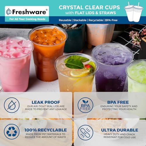 Freshware Clear Plastic Cups with Flat Lids and Straws