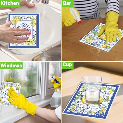 Blue Tiles Lemons Swedish Dishcloths, 6 Pack Reusable Swedish Dish