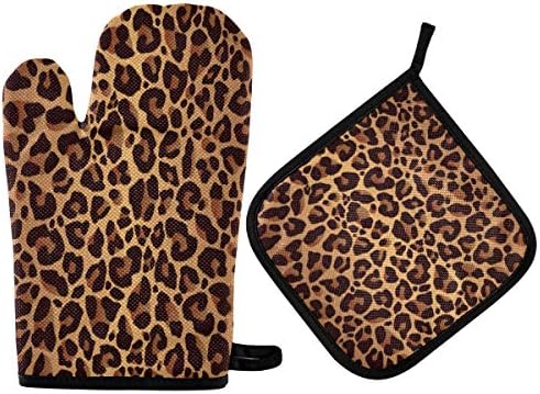 QMXO Animal Leopard Skin Pattern Oven Mitts Quilted Cotton Lining