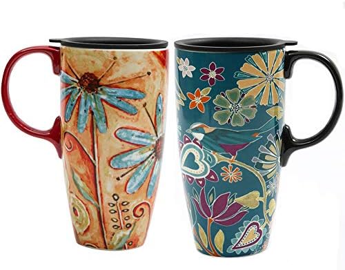 Topadorn Set of 2 Ceramic Travel Mugs with Lid, 17oz Ceramic Coffee