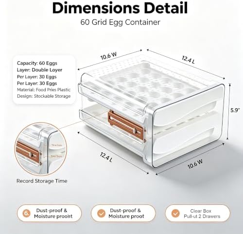 Sooyee 60-Egg Holder for Fridge, 2 Drawers