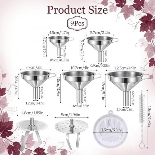 9 Pack Stainless Steel Kitchen Funnel Set, Including 5 Sizes of