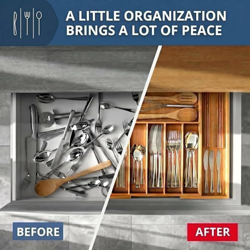 Expandable Bamboo Silverware Drawer Organizer, 20" Wide, 9