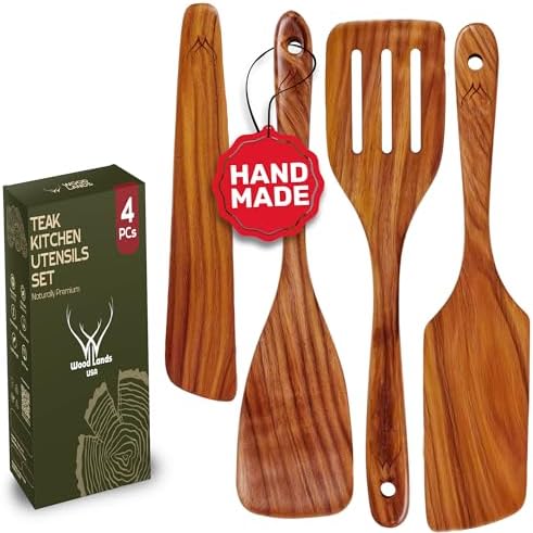 4PCS Wooden Spatula for Cooking – Premium Natural Teak Wood Set for