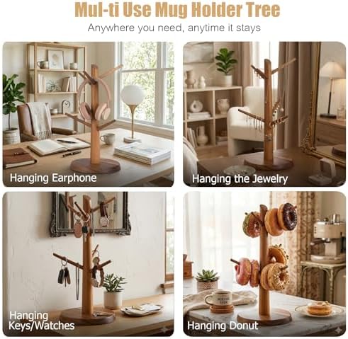 Coffee Mug Tree 6-Hook,Acacia Wood Mug Holder Countertop