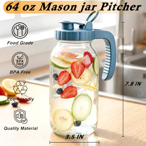 Mason Jar Pitcher 64 Oz With Pour Spout Lid Wide Mouth Glass Water