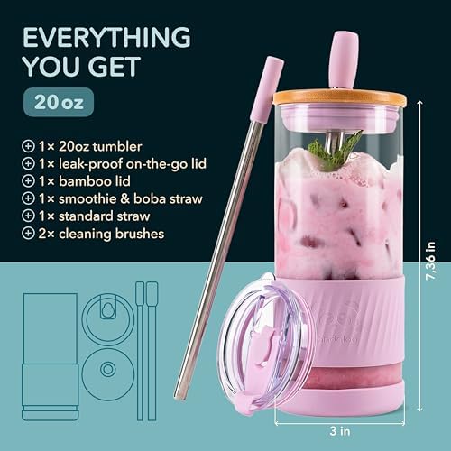 Pandaloo® Glass Cups With Lids and Straws -20 Fl Oz- Perfect Size Iced