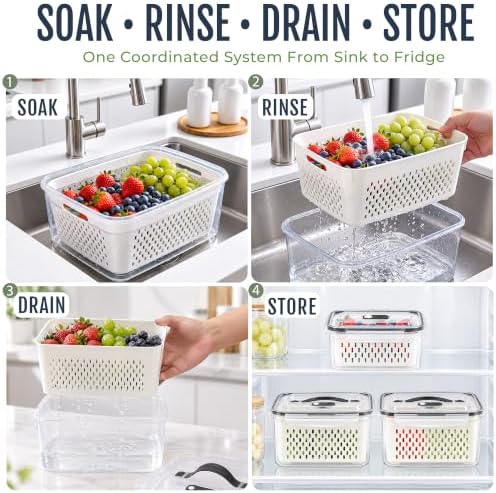 Fruit Storage Containers for Fridge: 3 PCS with Removable Colander