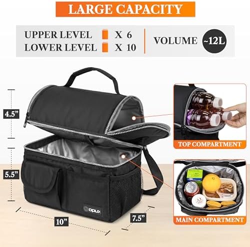 opux Insulated Lunch Bag Women Men, Dual Compartment Leakproof, Black