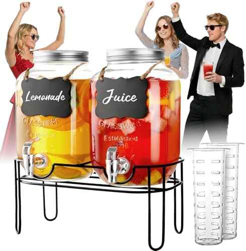 1 Gallon Glass Drink Dispensers For Parties, 2 Pack Beverage