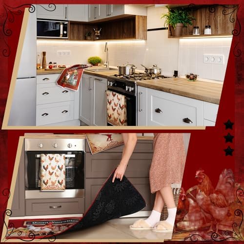 Fourluoo 10 Pcs Red Rooster Kitchen Set Towels Oven Mitts Pot Holders