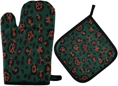 QMXO Animal Leopard Skin Pattern Oven Mitts Quilted Cotton Lining