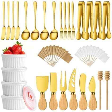 Gold Charcuterie Boards Accessories Bowls Utensils, Cheese Knife Set Mini Butter Spreader, Serving Tongs, Forks, Spoons, Dipping Bowls with Lids, Toothpick Flag, Honey Dippers for Party Platter Making