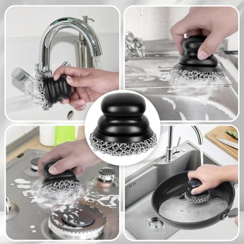 Cast Iron Scrubber and Scraper, Chain Mail Scrubber Cast Iron for Cleaning Dishes, Stock Pots, Pans, Griddles, Grills, Dish Scouring Pads