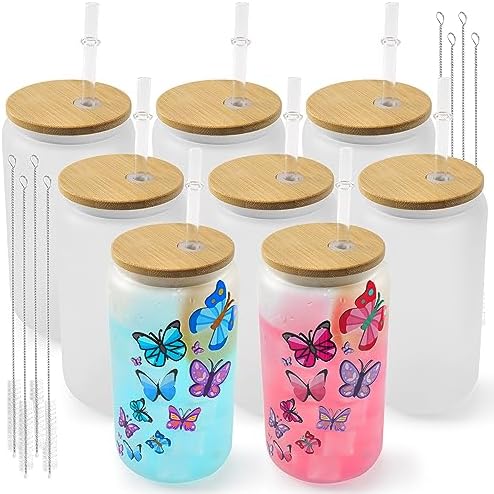 Joyclub Sublimation Glass Cups 8 Pack 16 oz Frosted with Lids and