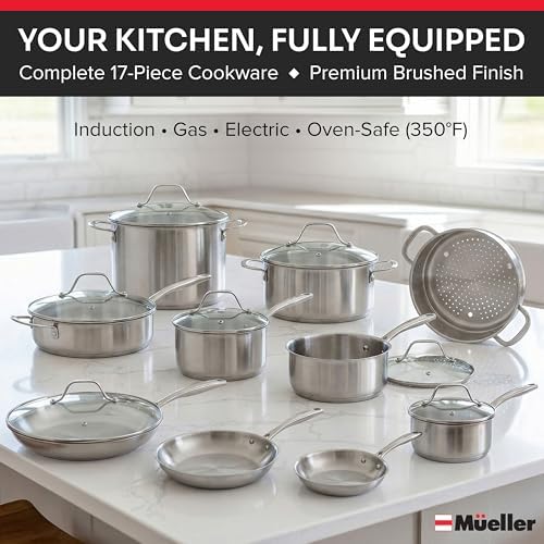 Mueller 17-Piece Stainless Steel Pots and Pans Set, Tri-Ply Ultra-Clad Pro