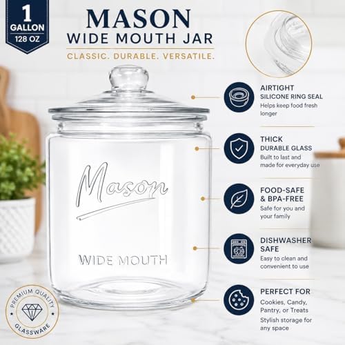 1 Gallon Mason Glass Jar with Lid – Wide Mouth Glass Storage Jar with
