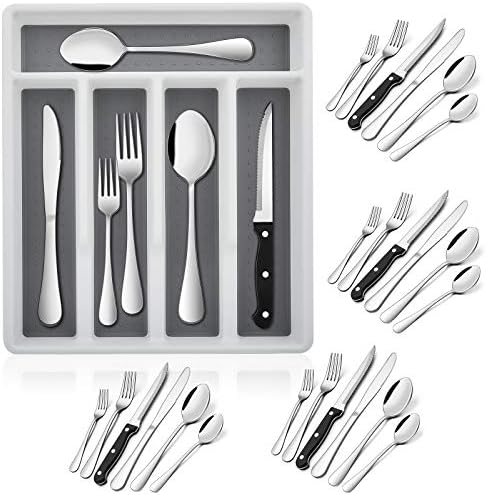 E-far 24-Piece Silverware Set with Organizer Tray and Steak Knives
