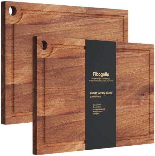 Fibogollo 2pc Acacia Wood Cutting Board Set with Groove,ideal for