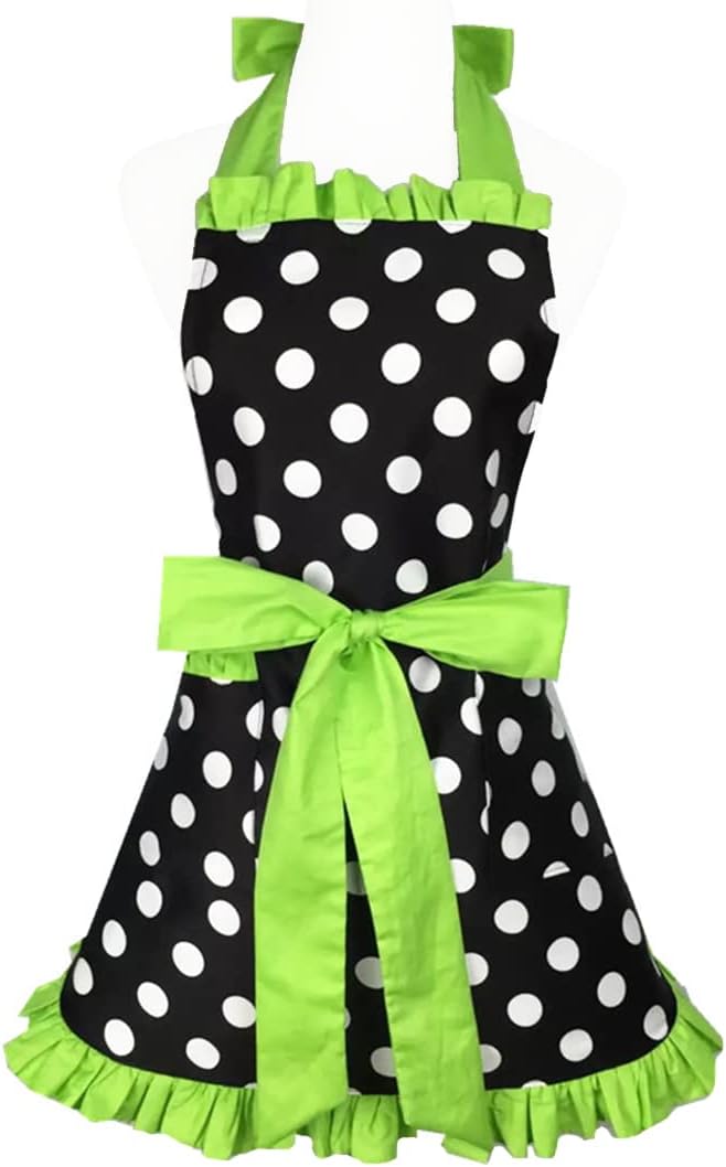 Hyzrz Cute Apron Retro Black Polka Dot Retro Ruffle Side Vintage Cooking Aprons by Hyzrz