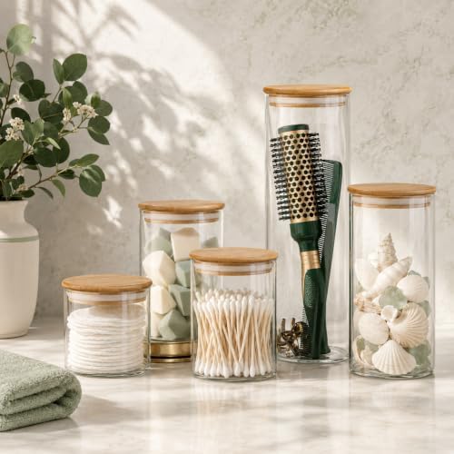 Set of 5 Glass Kitchen Canisters with Airtight Bamboo Lid - Glass