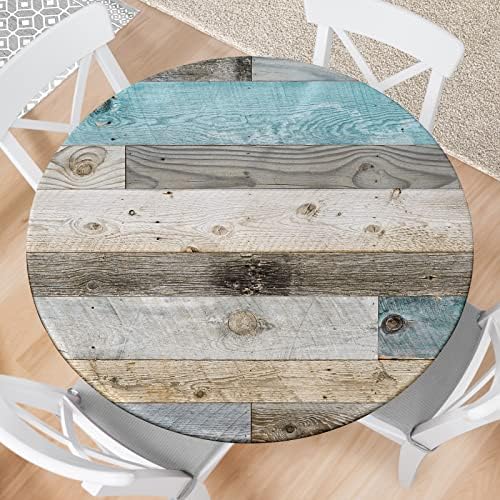 Farmhouse Round Fitted Tablecloth with Elastic Edge Wood Texture