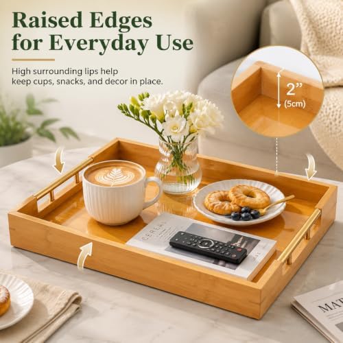 Bamboo Serving Tray, Wooden Tray with Gold Handles, 15L x10W x2H in