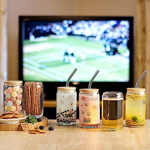[12pcs Set] Glass Cups with Bamboo Lids and Glass Straw - Beer Shaped