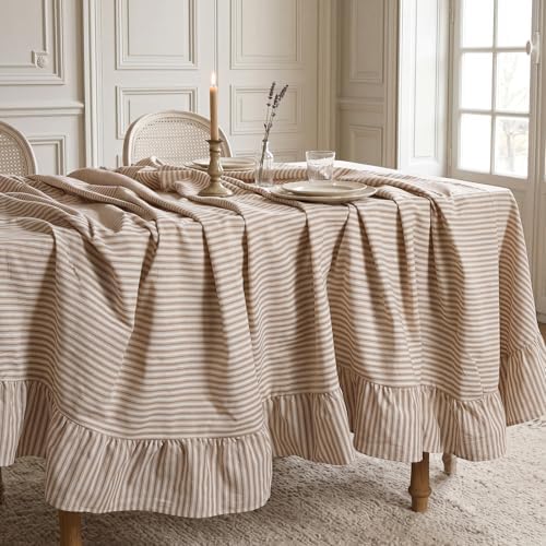 60 x 120 in Farmhouse Ruffle Striped Tablecloth, Cream Brown, Striped