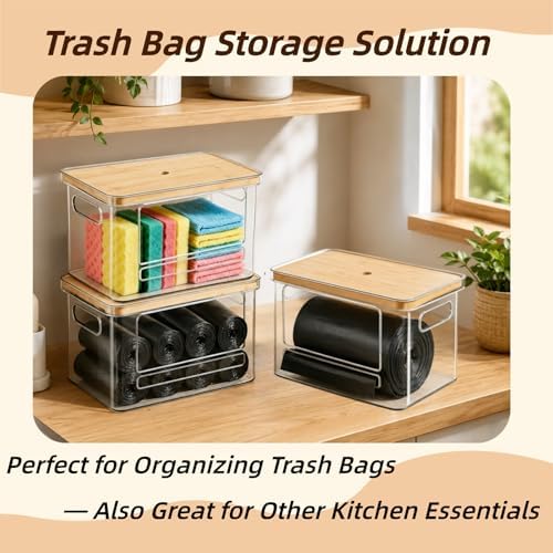 1 Pack Trash Bag Dispenser with Bamboo Lid, Stackable Trash Bag Holder