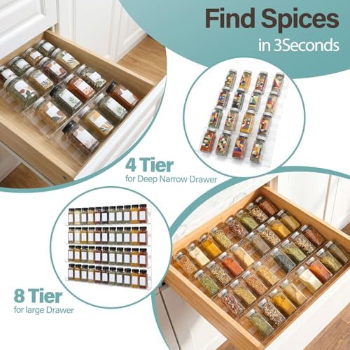 8 Pack Spice Drawer Organizer with 18 Anti-Slip Mats, 13" to 26"