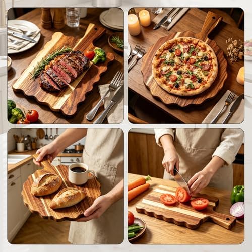 2Pcs Acacia Wood Scalloped Cutting Board with Handle for Kitchen Decor