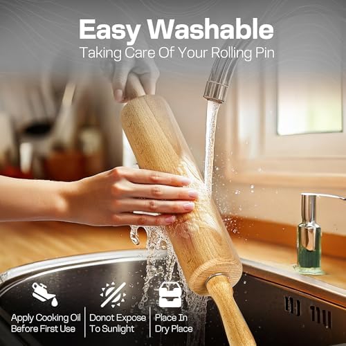 Wooden Rolling Pin, Beech Wood, 17.6" Dough Roller for Baking