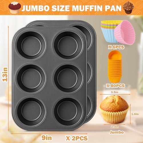 Mity rain 2 Pack Jumbo Muffin Pan Set, Carbon Steel 6-Cup Cupcake Pan
