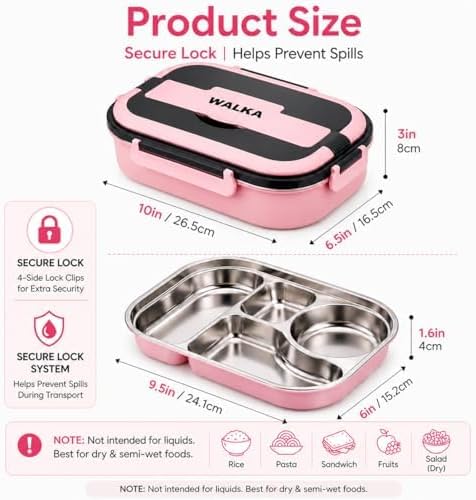 WALKA Stainless Steel Bento Lunch Box, 4 Compartments, Pink