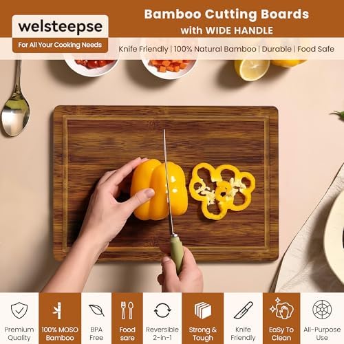 welsteepse Bamboo Cutting Boards, (Set of 3) with Juice Groove, Bamboo