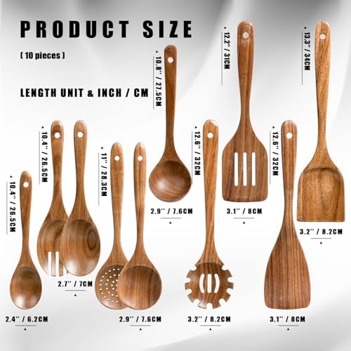 HSM Wooden Spoons for Cooking, 10-Piece Acacia Wood Kitchen Utensil