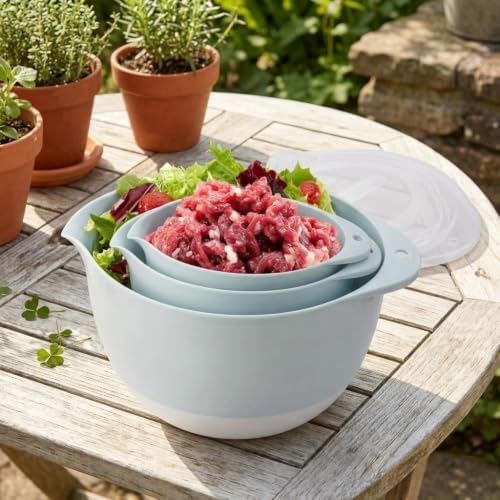 3 Pale Blue Plastic Mixing Bowl Set With Lids, Pour Spouts, TPR