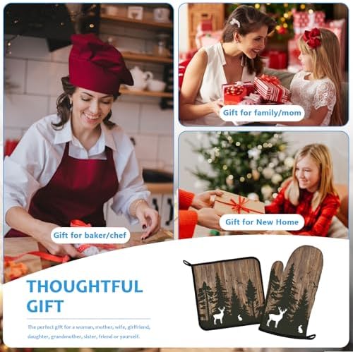 Deer Forest Wood Grain Oven Mitts and Pot Holders Set, 4Pcs