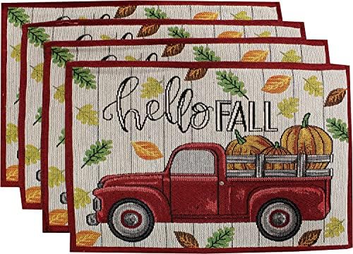 Set of 8, Red Antique Truck and Pumpkin Quote Hello Fall Design