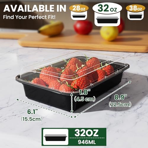 32oz Meal Prep Containers [50-Pack], Reusable Bento Box with Easy-Snap