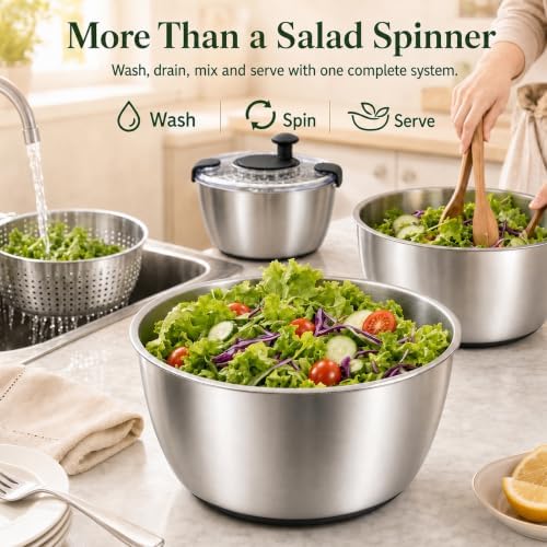 Large Salad Spinner 5.3 Qt with Stainless Steel Basket & Storage Lid, Black